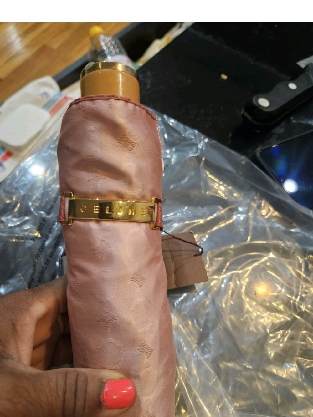 CELINE Pink Compact Umbrella with Gold Hardware